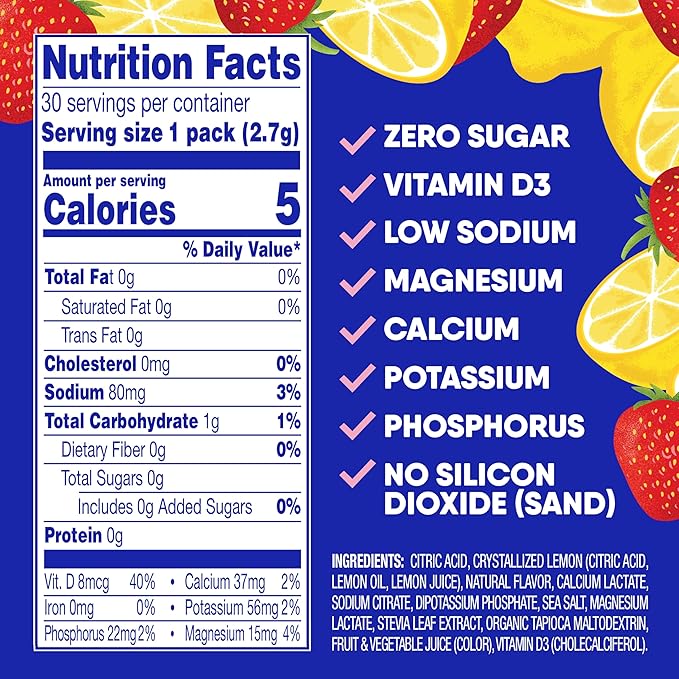 GoHydrate Low Sodium Electrolytes Powder Packets Sugar Free - Instant Hydration Daily Drink Mix - Zero Sugar Water Flavor Packet Singles with Vitamin D - (Strawberry Lemonade 30 Packs)