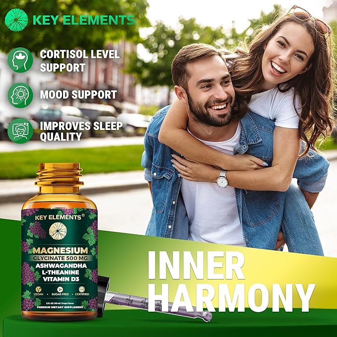 Liquid Magnesium Glycinate 500mg | Ashwagandha with L Theanine and Vitamin D3 Magnesium Supplement | Ashwagandha and Magnesium with L-Theanine | Stress Relief Sleep and Calm