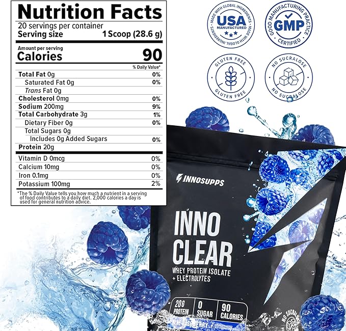 Inno Clear Whey Protein Powder - 20g Ultra-Filtered Clear Protein Powder Refreshing Taste &amp Texture Low Calorie Zero Sugar - for Training Workout Recovery &amp Daily Fitness (Blue Raspberry)