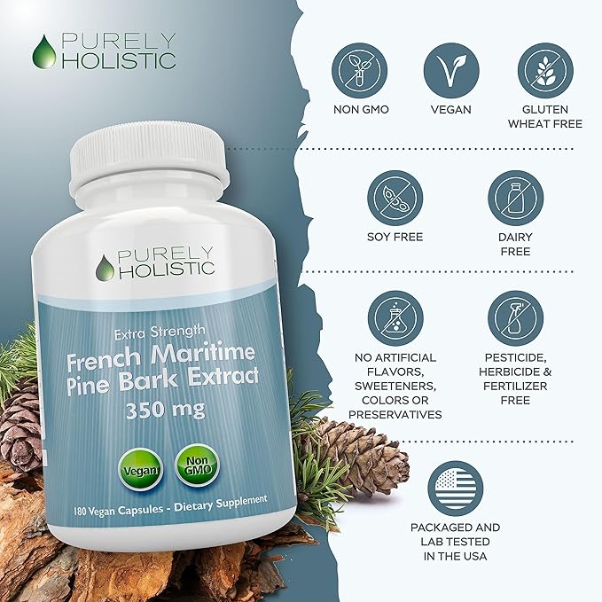 Purely Holistic Pine Bark Extract 350mg 180 Vegan Capsules 95% Proanthocyanidins - French Maritime Pine Bark Extract - Non GMO &amp Pesticide Free Antioxidant Supplement