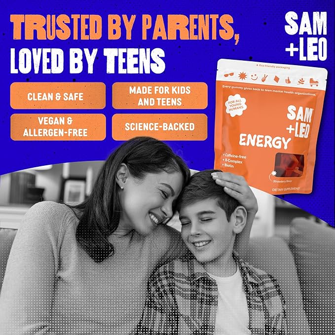 SAM+LEO Vitamin B Complex Gummies with Biotin for Kids &amp Teens - Caffeine-Free Focus &amp Energy Support Supplement Gummies | Vegan &amp Gluten Free Supplement - Strawberry Flavor (60 Count)