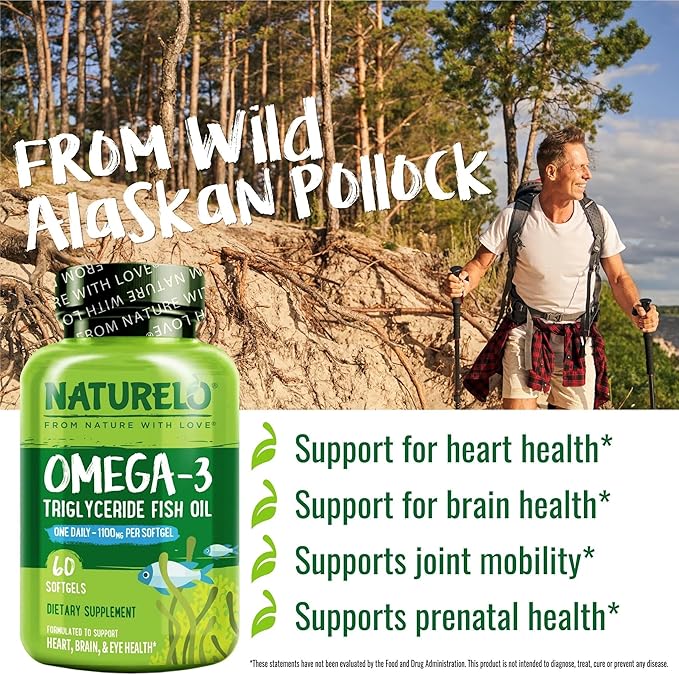 NATURELO Burpless Omega 3 Fish Oil Supplement - 1100mg Triglyceride Omega-3 EPA + DHA Liquid Fish Oil for Heart Eye Brain Joint Health - 60 Softgels 2 Months Supply
