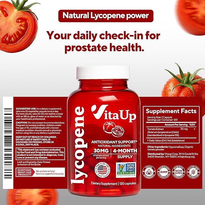 Lycopene Supplements for Men – USA Made Prostate Supplements for Men with Natural Tomato Extract – Non-GMO Lycopene Supplement for Normal Prostate Skin &amp Antioxidant Support – 120 Count