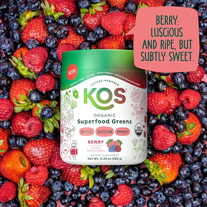 KOS Organic Superfood Greens Powder - Gut Health from Prebiotic Fiber Supergreens and Adaptogens - USDA Certified Organic Made in a GMP Certified Facility - 28 Servings Berry