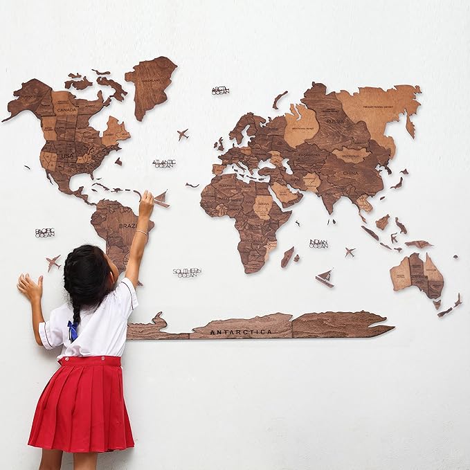 Handmade 3D Wood World Map Wall Art Large Wall Decor Track Your World Travels - Special for Home Kitchen and Office (Large Oak)