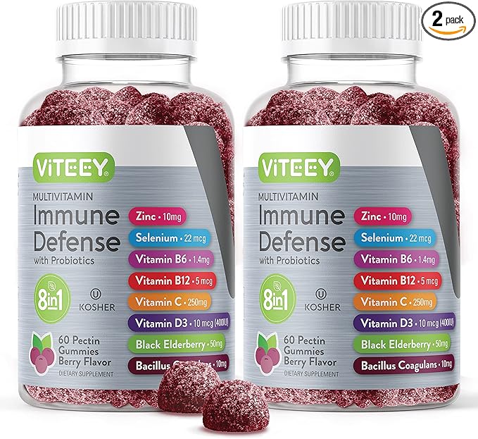 Viteey Multivitamin Gummies 8 in 1 Immune Support Supplement with Probiotics - Immune Boosters for Adults &amp Teens - Vegetarian Gelatin Free GMO Free - Chewable Berry Flavored Pectin Immune Defen