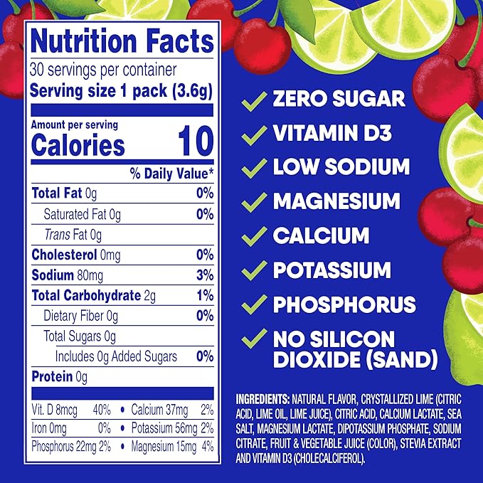 GoHydrate Low Sodium Electrolytes Powder Packets Sugar Free - Instant Hydration Daily Drink Mix - Zero Sugar Water Flavor Packet Singles with Vitamin D - (Cherry Limeade 30 Packs)