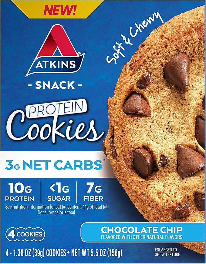 Atkins Chai Tea Latte Protein Shake with 15g Protein 3g Net Carbs 1g Sugar and Atkins Chocolate Chip Protein Cookie with 10g Protein 3g Net Carbs 1g Sugar Keto Friendly 4 Count