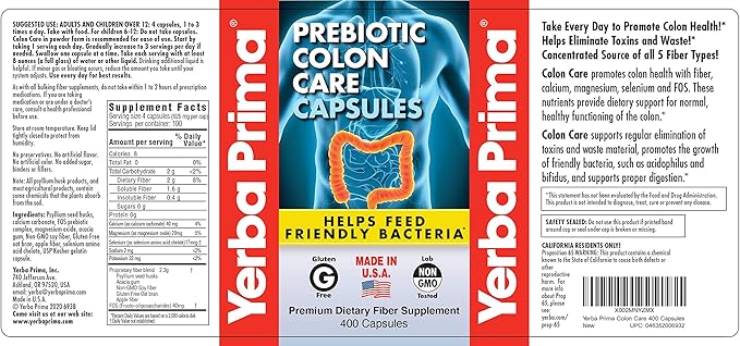 Yerba Prima Prebiotic Colon Care Capsules 400 Caps - Five Forms of Fiber Plus FOS Pre-biotics - Dietary Health Supplement - Healthy Soluble &amp Insoluble Fibers for Regularity &amp Digestive Suppo