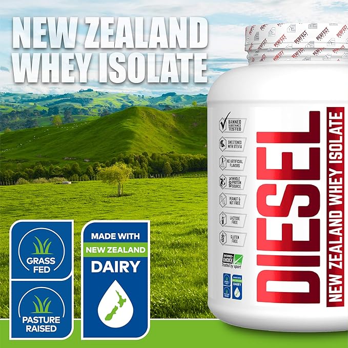 PERFECT SPORTS Diesel 100% New Zealand Whey Protein Isolate | Stevia Sweetened No Artificial Ingredients Keto | 0g Carb 0g Fat 26g Protein | 2 Pounds (Chocolate Wafer Crisp)