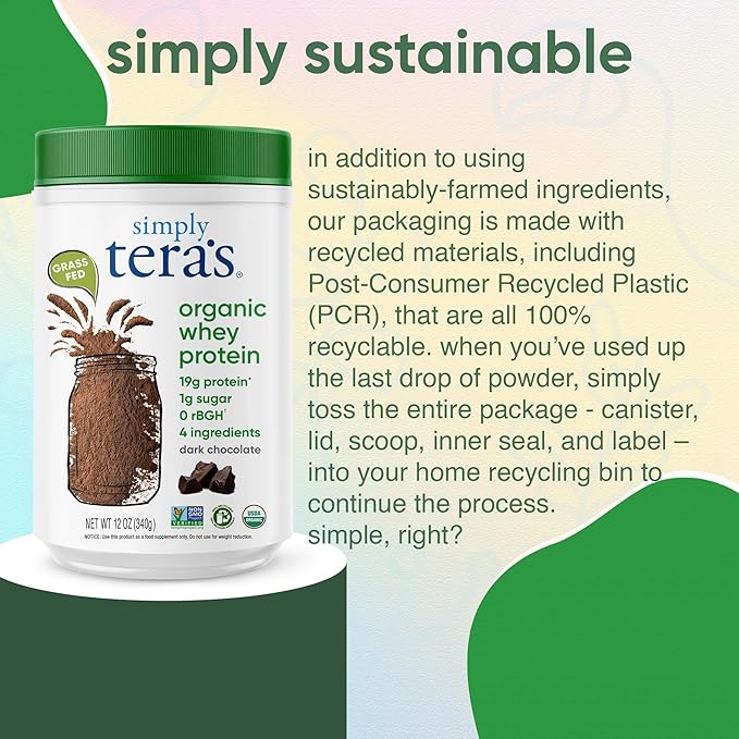 Simply tera's Organic Whey Protein Powder - Grass Fed Whey Protein Powder Without Artificial Sweeteners Clean Non-GMO Gluten-Free - Dark Chocolate 12 Oz