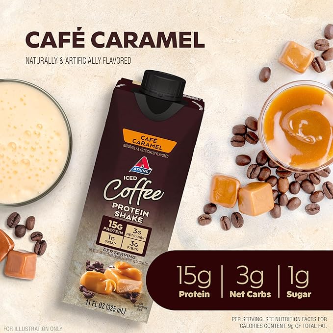 Atkins™ Café Caramel Iced Coffee Protein Shake &amp Strawberry Protein Shake 15g Protein Low Glycemic 2g Net Carb 1g Sugar Keto Friendly 12 Count
