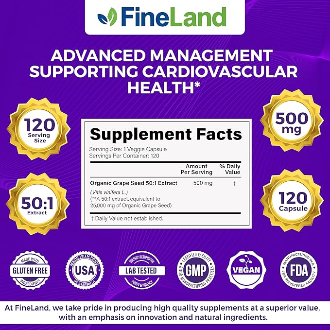 FineLand Grape Seed Extract 50:1 – 25000mg Equivalent per Capsule – 120 Vegan Capsules – Rich in Antioxidants | Heart Immune &amp Circulation Support – Non-GMO | Made in USA