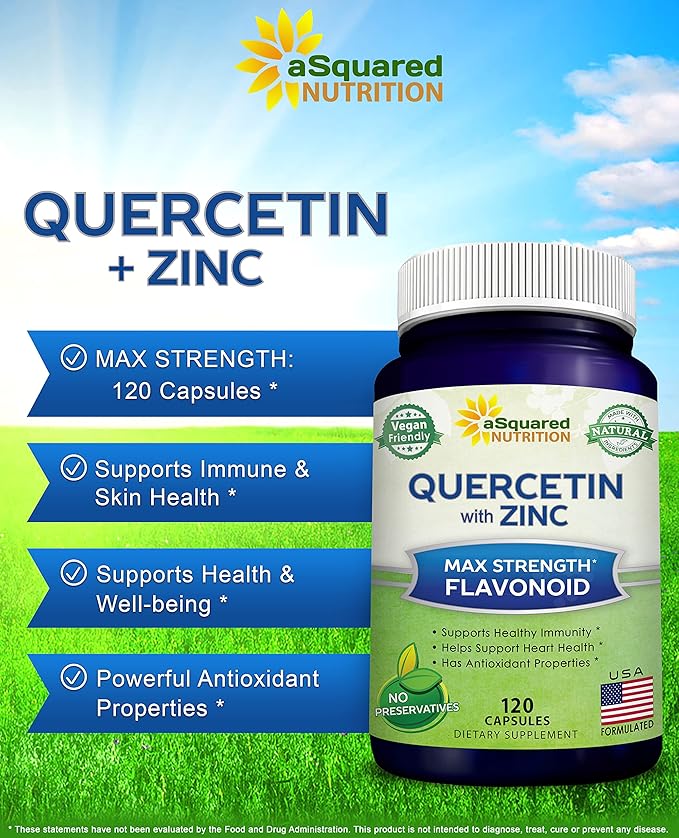 aSquared Nutrition Quercetin 1000mg with Zinc Supplement - 120 Capsules - Quercetin Dihydrate with Black Elderberry &amp Zinc - Max Strength Powder Complex Pills to Help Improve Immune Response