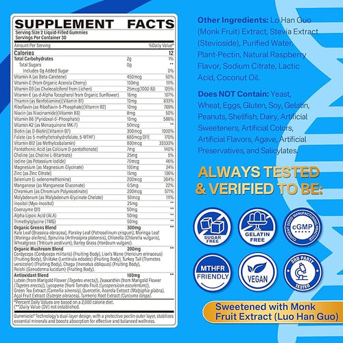 2 Pack Methylated Multivitamin for Men &amp Women Gummies + Greens &amp Mushroom Blend Methylfolate &amp B12 TMG Choline Daily Vitamin A C D3K2 E B Complex Coq10 ALA for Overall Wellness