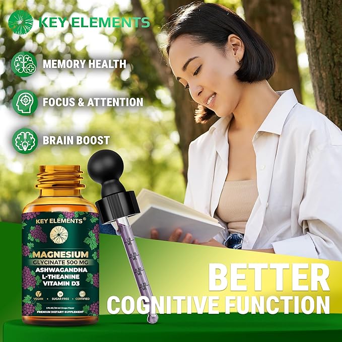 Liquid Magnesium Glycinate 500mg | Ashwagandha with L Theanine and Vitamin D3 Magnesium Supplement | Ashwagandha and Magnesium with L-Theanine | Stress Relief Sleep and Calm