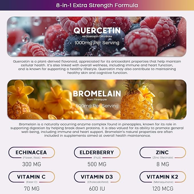 (2 Pack) Quercetin Gummies with Bromelain Zinc Elderberry Vitamin C D3 K2 Quercetin 1000mg Supplement with Bromelain 500mg for Cardiovascular Immune System &amp Allergy Vegan Gummy for Adult &amp