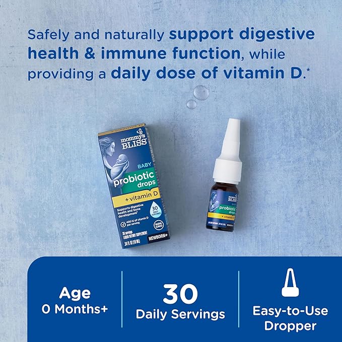 Mommy's Bliss Baby Probiotics + Vitamin D Drops Supports Digestive Health &amp Immune Function* 400IU Vitamin D  Supports Bone Development* Newborns+ Flavorless 0.34 Fl Oz (30 Servings)