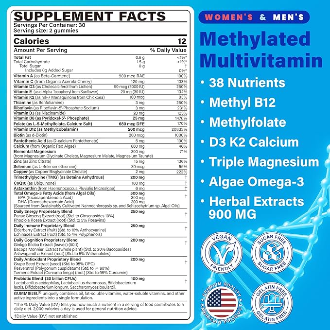 Methylated Multivitamin for Women &amp Men Gummies w/ Omega-3 Calcium D3 K2 + Omega 3-6-7-9 Gummies Organic Sea Buckthorn Oil 1200MG &amp Flaxseed Oil 500MG Vegan Omega 7 Supplement w/Vitamin A