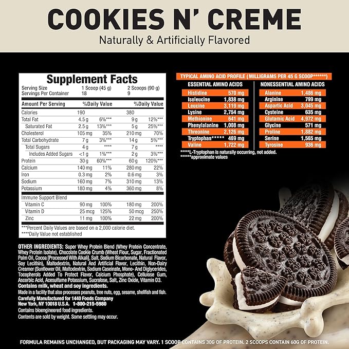 Body Fortress Super Advanced Whey Protein Powder Cookies N’ Creme 60g Protein &amp 12g BCAAs Per 2 Scoops Muscle Gain &amp Recovery Immune Support with Vitamins C &amp D 1.78lbs (Packaging May