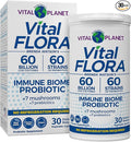 Vital Planet - Vital Flora Immune Support Probiotic 60 Billion CFU 60 Diverse Strains 7 Organic Mushroom Supplement Blend with Prebiotics Shelf Stable Digestive Health Probiotics 30 Capsules
