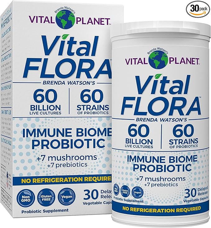 Vital Planet - Vital Flora Immune Support Probiotic 60 Billion CFU 60 Diverse Strains 7 Organic Mushroom Supplement Blend with Prebiotics Shelf Stable Digestive Health Probiotics 30 Capsules