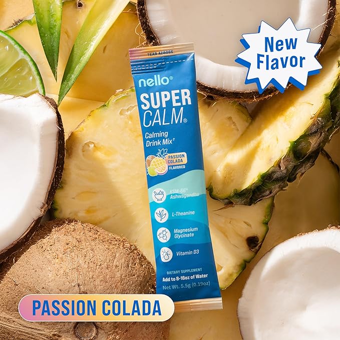 Nello Supercalm Powdered Drink Mix Cortisol Reducer* and Sleep Aid Supplement L Theanine Ksm-66 Ashwagandha Magnesium Glycinate Vitamin D 3 No Sugar Non GMO On The Go 20 Ct Passion Colada