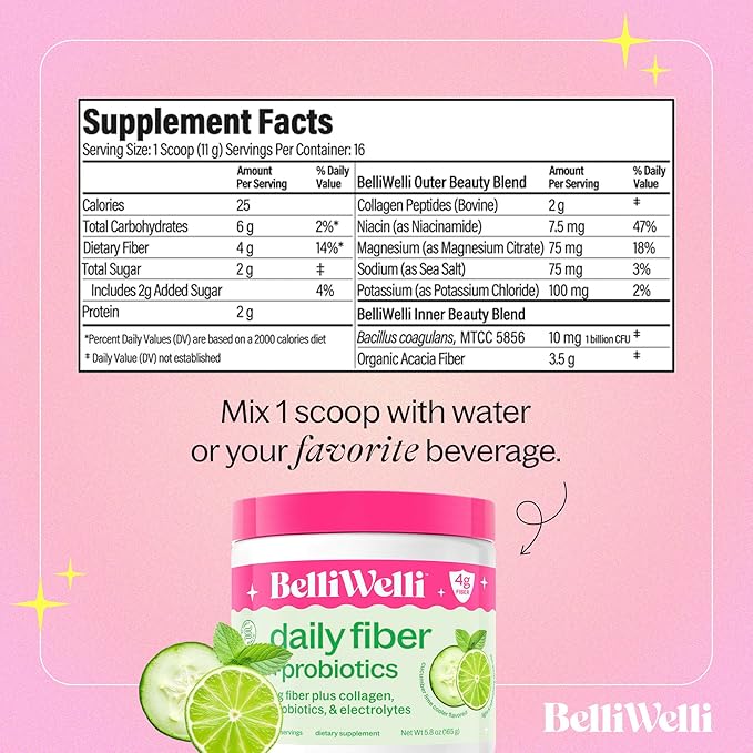 Belli Welli Daily Fiber Supplement Bundle - Cucumber Lime Mint &amp Watermelon - with Collagen Probiotics &amp Electrolytes - Refreshing Wellness Flavors 32 Total Servings