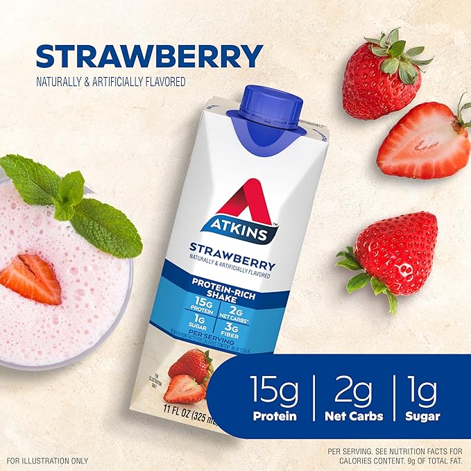 Atkins Chocolate Banana Protein Shake 15g Protein &amp Strawberry Protein Shake 15g Protein Low Glycemic 2g Net Carb 1g Sugar Keto Friendly 12 Count