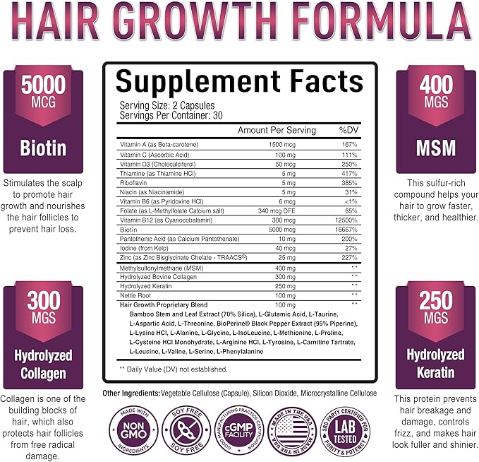 Purely Optimal Hair Growth Vitamins – Supports Thicker Stronger Hair Growth Healthy Skin &amp Nails – Biotin Collagen Keratin – Easy-to-Take Unflavored 60 Capsules
