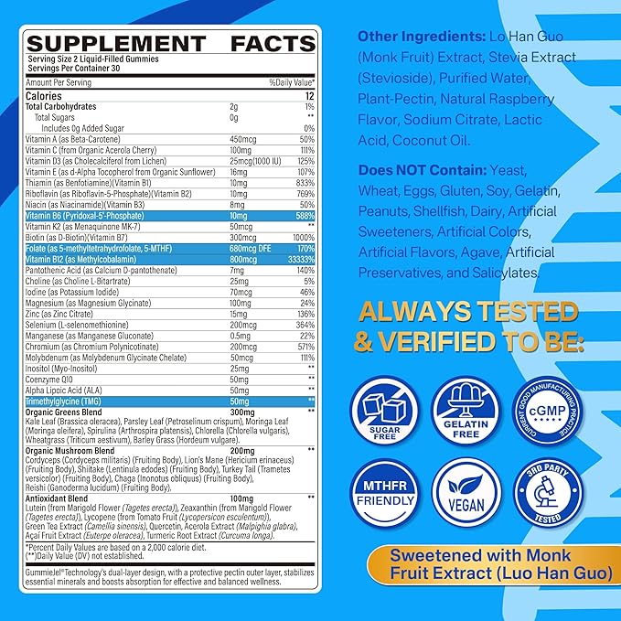 Methylated Multivitamin for Men &amp Women Gummies + Greens &amp Mushroom Blend Methylfolate &amp B12 TMG Choline Daily Vitamin A C D3K2 E B Complex Coq10 ALA for Overall Wellness Sugar