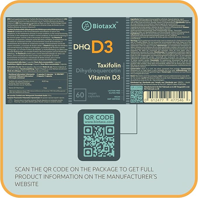 Taxifolin (Dihydroquercetin) + Vitamin D3 – 530 mg 60 Vegan Capsules – Antioxidant &amp Bone Health Support