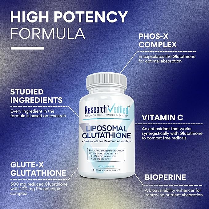 Research Verified® Glutathione - Liposomal Glutathione 500mg with Phospholipid Complex Vitamin C Bioperine® - 60 Vegan Capsules - 1 Bottle