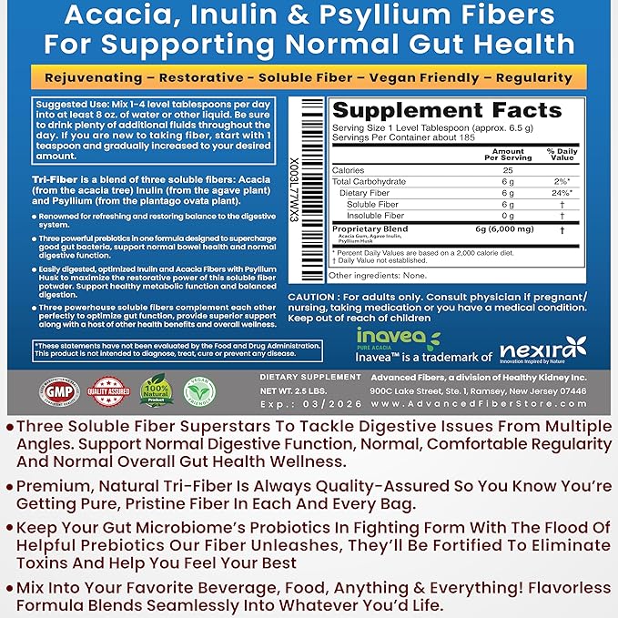 Tri-Fiber Soluble Fiber Powder Unflavored High Fiber 3-in-1 Soluble Fiber Supplement for Digestive Support. Dietary Fiber 1 lbs (16oz)
