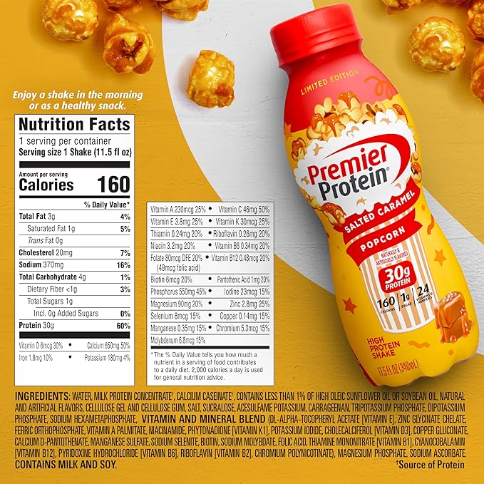 Premier Protein Shake LIMITED EDITION Salted Caramel Popcorn 30g Protein 1g Sugar 24 Vitamins &amp Minerals to Support Immune Health 11.5 fl oz 12 Pack