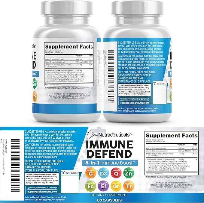 Immune Defense Support Supplement 8 in 1 w/ Zinc 50mg Quercetin Vit C 1000mg Vitamin D3 5000 IU Elderberry Turmeric Curcumin Ginger Echinacea - Immunity System Booster Adults Vegan - 60Ct (2)