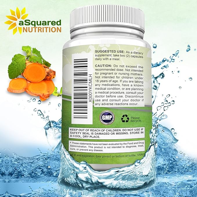 aSquared Nutrition Turmeric Curcumin 1300mg with BioPerine Black Pepper Extract - 180 Capsules - with 95% Curcuminoids 100% Natural Tumeric Root Powder Supplements Pure &amp Joint Stiffness Pills