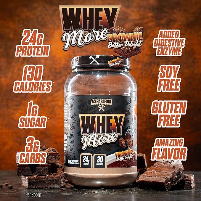 Axe &amp Sledge WHEY More Premium Protein Blend | 24g Protein Whey Concentrate &amp Isolate | Prebiotic Fiber for Enhanced Absorption | Creamy Delicious Versatile | 30 Servings Brownie Batter
