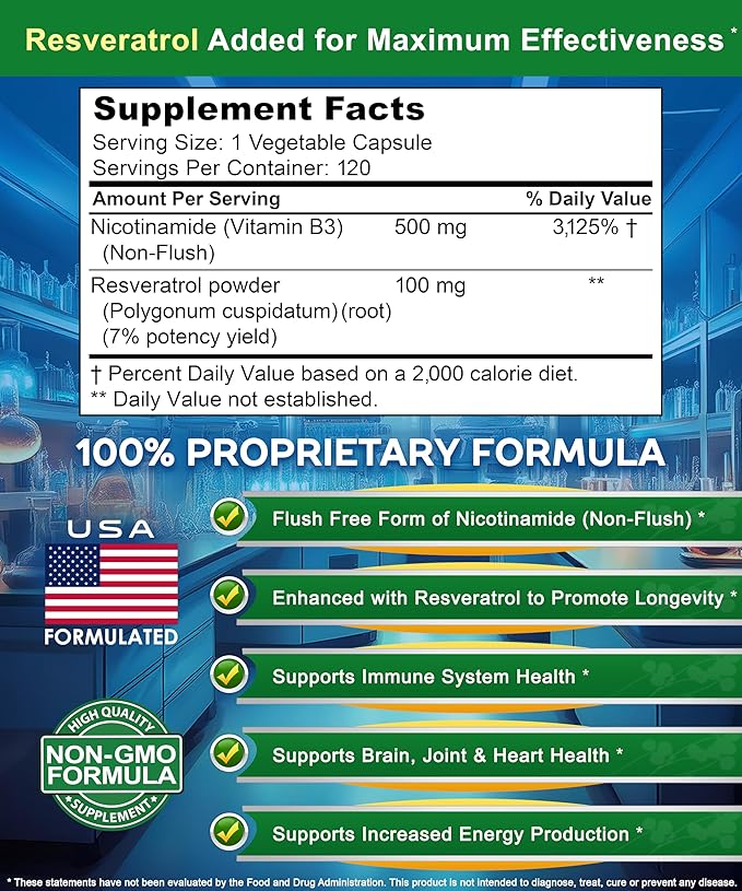 aSquared Nutrition Nicotinamide with Resveratrol - 120 Veggie Capsules - Vitamin B3 500mg (Niacinamide Flush Free) - Supplement Pills to Support NAD Skin Cell Health &amp Energy