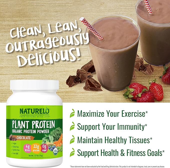 NATURELO Plant Protein Powder Chocolate 22g Protein - Non-GMO Vegan No Gluten Dairy or Soy - No Artificial Flavors Synthetic Coloring Preservatives or Additives - 20 Servings