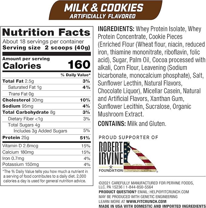 Fit Crunch Tri-Blend Whey Protein Keto Friendly Low Calories High Protein (18 Servings Milk &amp Cookies)