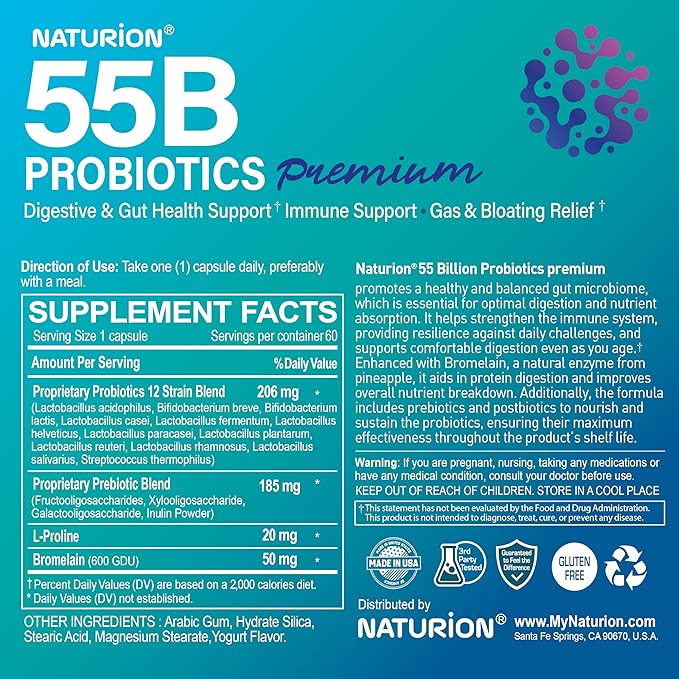 55B Probiotics Premium - 55 Billion CFU 12 Strains 185mg Prebiotic - Immune Support Digestive &amp Gut Health - Supports Occasional Constipation Gas &amp Bloating - 60 Vegan Capsules 60 Day Sup