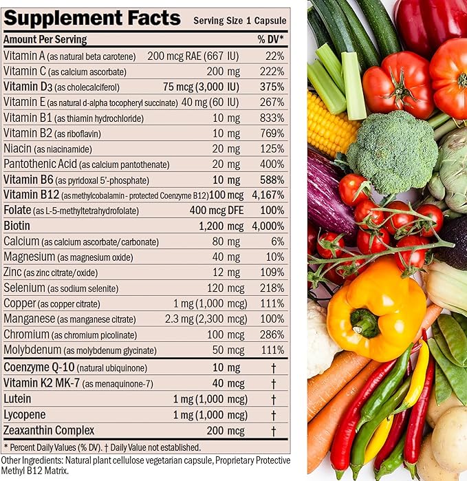 ANDREW LESSMAN Essential-1 nuonce max Multivitamin 3000 IU Vitamin D3 360 Small Capsules. 100 mcg Methyl B12. CoQ10 Lutein Lycopene Zeaxanthin. High Potency. No Additives. Ultra-Mild One Daily Capsule