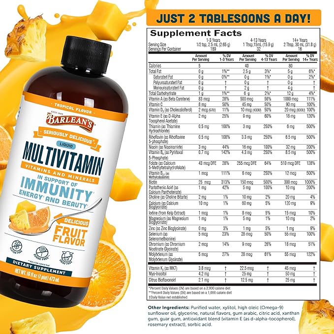 Barlean's Liquid Multivitamin for Women Men &amp Kids 21 Essential Vitamins &amp Minerals Includes Biotin B-Complex Vitamins C D3 &amp K2 Smoothie-Like Daily Supplement Tropical Flavor 16