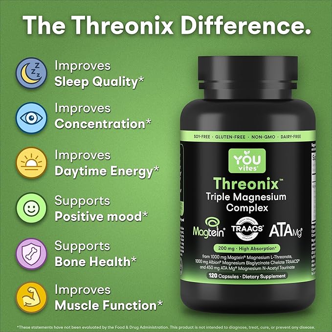 Threonix Triple Magnesium Complex - 200 mg Magnesium from 2450 mg of Magtein L-Threonate Bisglycinate Chelate TRAACS &amp ATA Mg - Brain Sleep &amp Mood Support - High Absorption - 120 Capsules