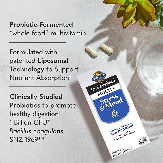 Garden of Life Dr. Formulated Multi+ Stress &amp Mood Fermented Liposomal Multivitamin + Ashwagandha B Vitamins &amp Probiotics - 60 Capsules Whole Food Vitamin &amp Mineral Supplement