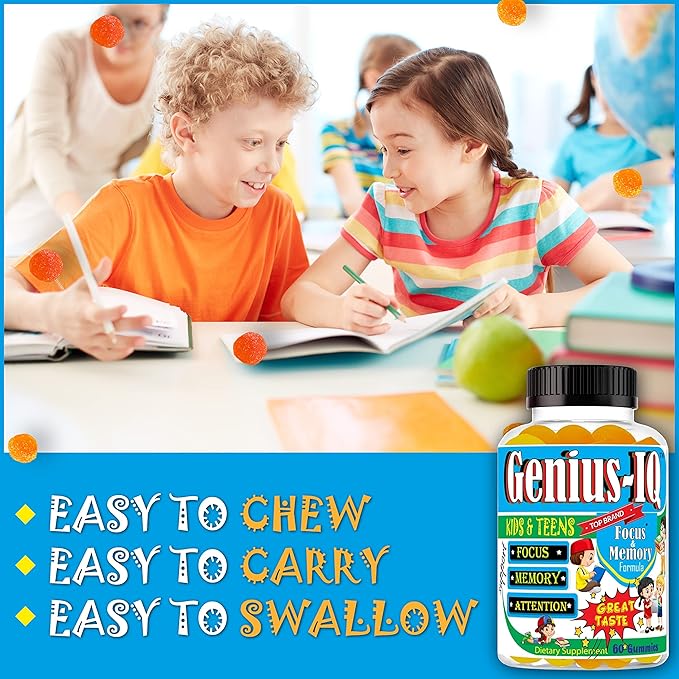 Genius IQ Kids Brain Supplements for Memory and Focus Omega 3-6-9 EPA DHA Gummy Vitamins Brain Booster Calm GummiesSupports Concentration Clarity Attention and Mood 60 Gummies