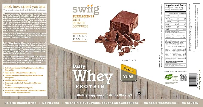 swiig Premium Daily Whey Matrix Chocolate 20lb – 20g Protein per Serving with Amino Acids for Muscle Recovery – Gluten-Free Non-GMO No Fillers No Artificial Flavors