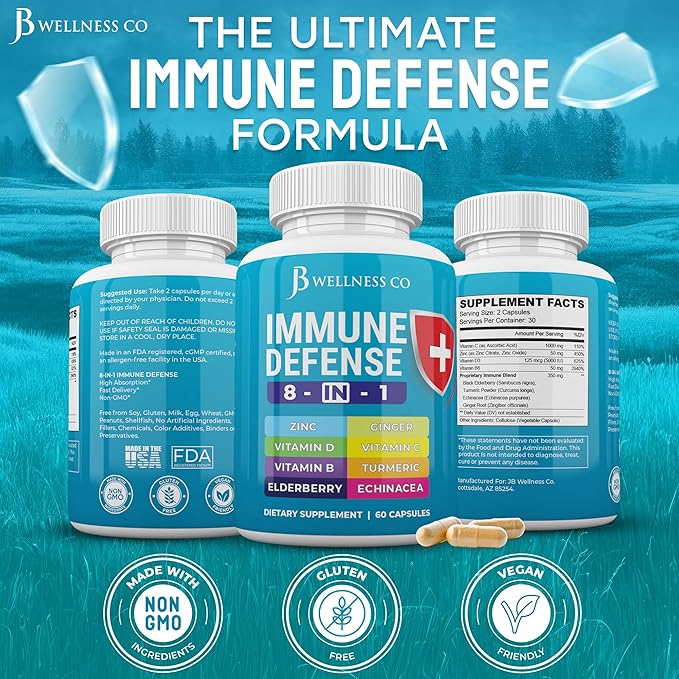 Immune Support 8 in 1 Capsules - Zinc Supplement Vitamin D3 Vitamin C and Elderberry - Immune Booster Supplement with Echinacea Ginger Root and Turmeric