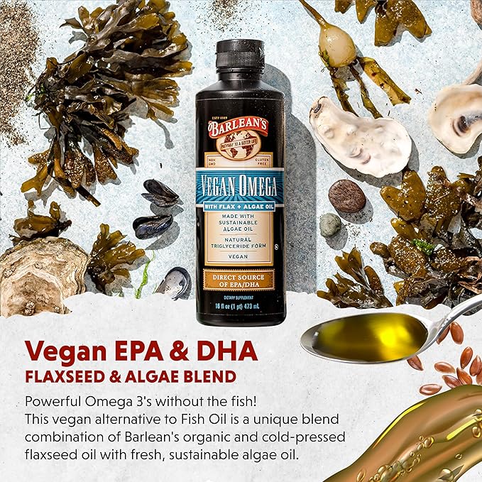 Barlean's Vegan Omega Liquid Flax and Algae Oil Plant Based EPA DHA Supplement from Algal Oil and Organic Flaxseed Omegas 3 6 and 9 Fatty Acid Supplements 16 Ounces